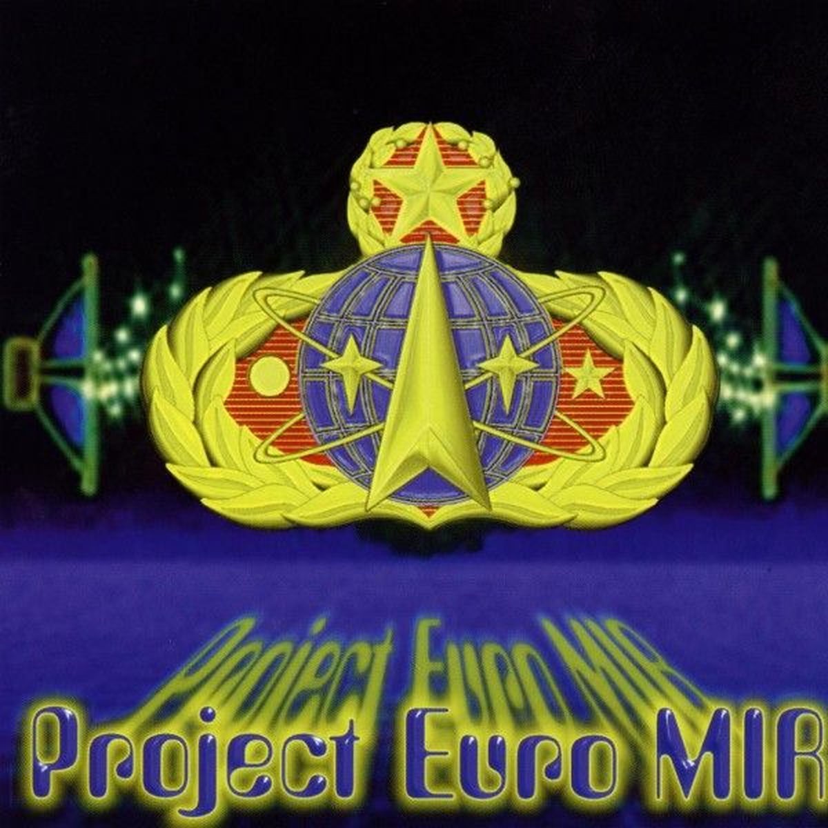 Cover of the album Project Euro MIR, a yellow crest with a star and a globe on a blue ground