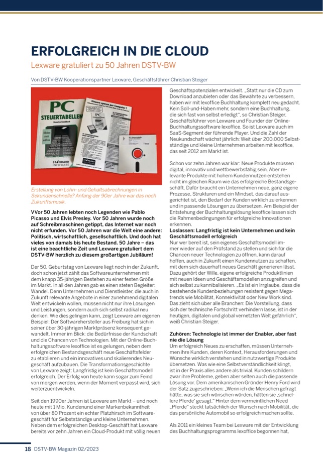 Magazinseite aus dem DSTV-BW Magazin 02/2023: „Erfolgreich in die Cloud. Lexware gratuliert zu 50 Jahren DSTV-BW“, mit einem Foto alter Lexware-Softwarepackungen