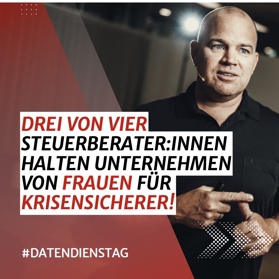 Kachel der Lexware-Reihe #Datendienstag: Christian Steiger spricht mit Headset-Mikrofon, daneben der Text „Drei von vier Steuerberater:innen halten Unternehmen von Frauen für krisensicherer!“