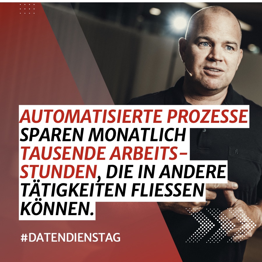 Kachel der Lexware-Reihe #Datendienstag: Christian Steiger spricht mit Headset-Mikrofon, daneben der Text „Automatisierte Prozesse sparen monatlich tausende Arbeitsstunden, die in andere Tätigkeiten fließen können.“