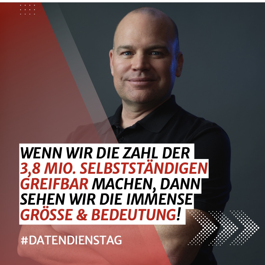 Kachel der Lexware-Reihe #Datendienstag: Porträt von Christian Steiger, daneben „Wenn wir die Zahl der 3,8 Mio. Selbstständigen greifbar machen, dann sehen wir die immense Größe & Bedeutung!“