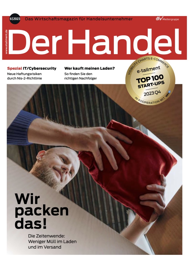 Titelseite des Magazins Der Handel, Ausgabe 6/2023, mit der Schlagzeile „Wir packen das!“ über weniger Müll im Laden und im Versand