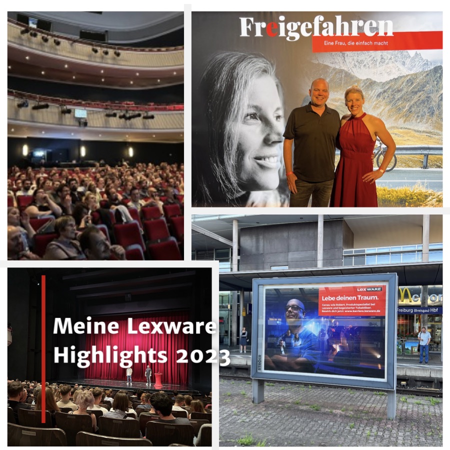 Collage „Meine Lexware Highlights 2023“: ein voller Kinosaal, zwei Menschen vor dem Filmplakat „Freigefahren“, eine Bühne mit Publikum und ein Lexware-Plakat am Bahnhof Freiburg