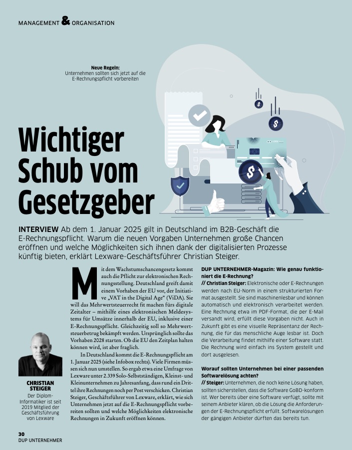 Magazinseite aus DUP Unternehmer: Interview „Wichtiger Schub vom Gesetzgeber“ mit Christian Steiger zur E-Rechnungspflicht ab 1. Januar 2025