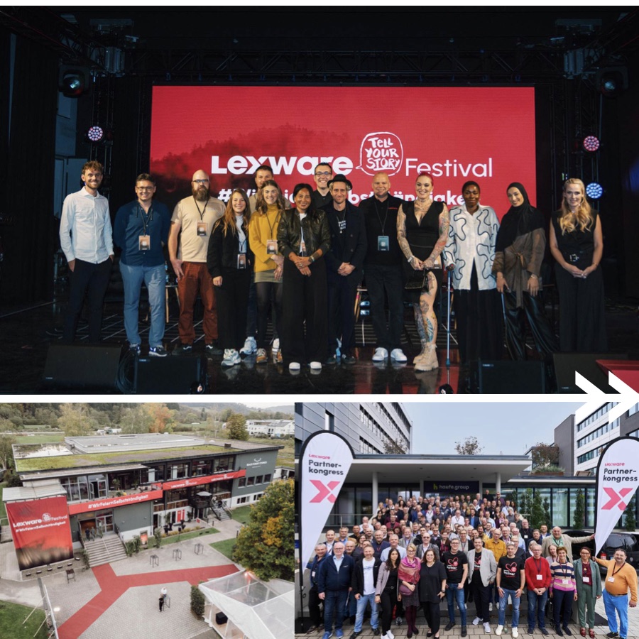 Collage: Gruppenfoto auf der Bühne des Lexware Festivals vor der roten Tell-Your-Story-Wand, dazu das Veranstaltungsgelände und ein großes Gruppenfoto vom Lexware Partnerkongress