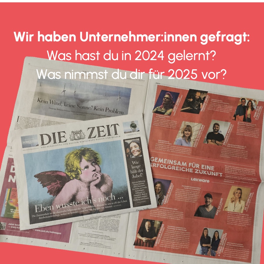 Aufgeschlagene ZEIT mit einer Lexware-Beilage „Gemeinsam für eine erfolgreiche Zukunft“, dazu die Frage: Was hast du in 2024 gelernt? Was nimmst du dir für 2025 vor?