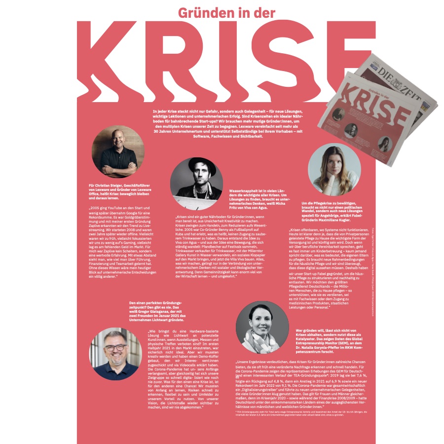 Seite aus der ZEIT-Beilage „Gründen in der Krise“ mit Porträts und Zitaten mehrerer Unternehmerinnen und Unternehmer, darunter Christian Steiger