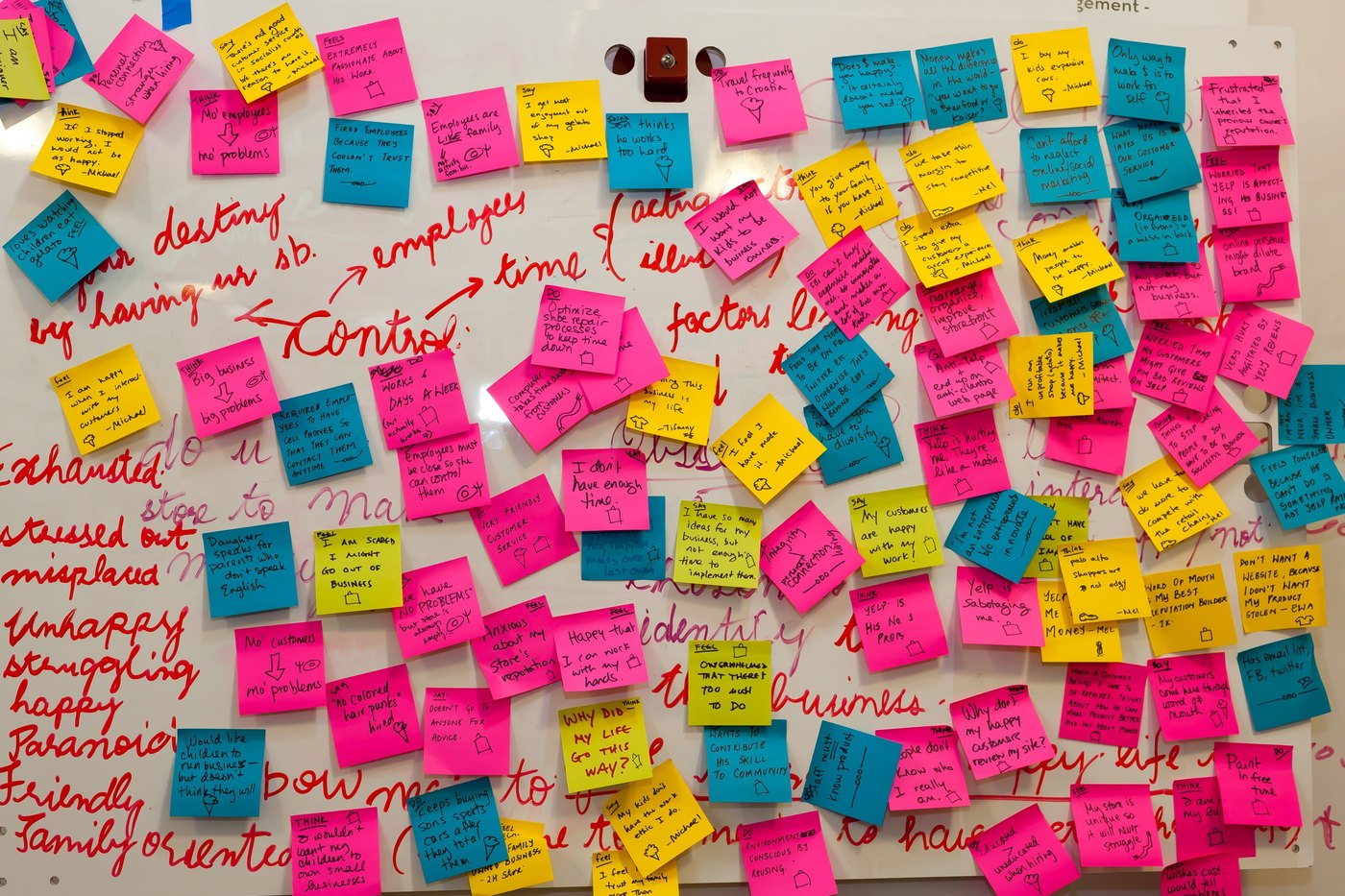 A large wall covered in pink, yellow and blue sticky notes, with words from the conversations written in red between them
