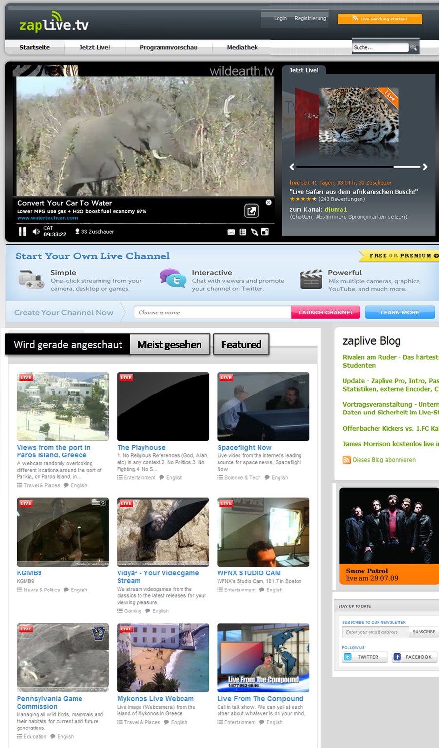 Screenshot of the zaplive.tv home page from 2009, with a running live stream and an overview of the channels
